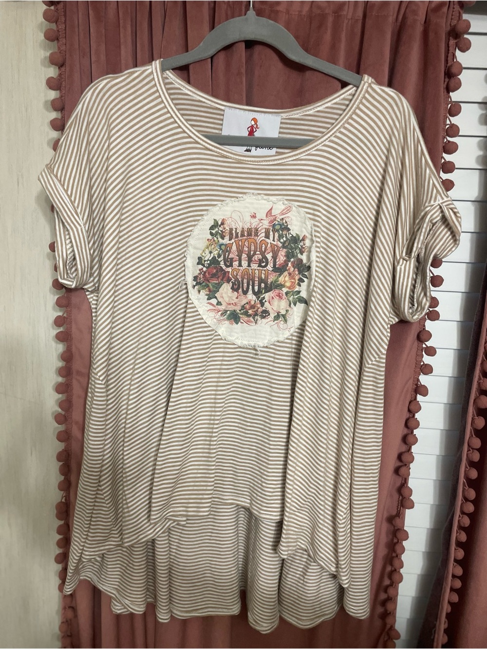 Striped Beige & White Top with Floral Blame My 'Gypsy Soul' Graphic